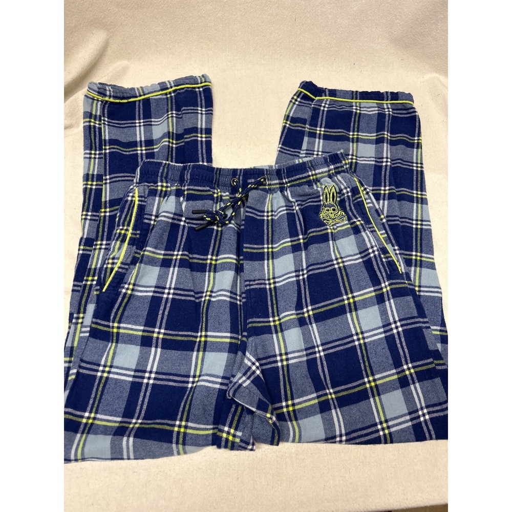 Psycho Bunny Mens Blue Yellow Plaid Cotton Rayon Pajama Pants Size M Button Fly